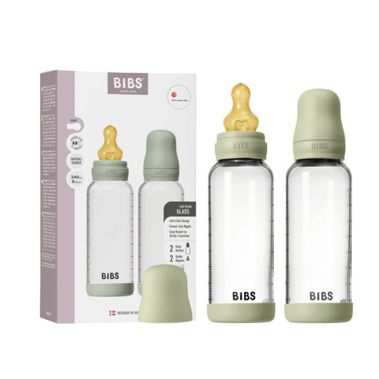 BIBS Glass Baby Bottle Round Latex Medium Flow Sage 240 ml 2-pack