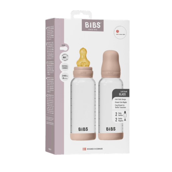 BIBS Glass Baby Bottle Round Latex Medium Flow Blush 240 ml 2-pack