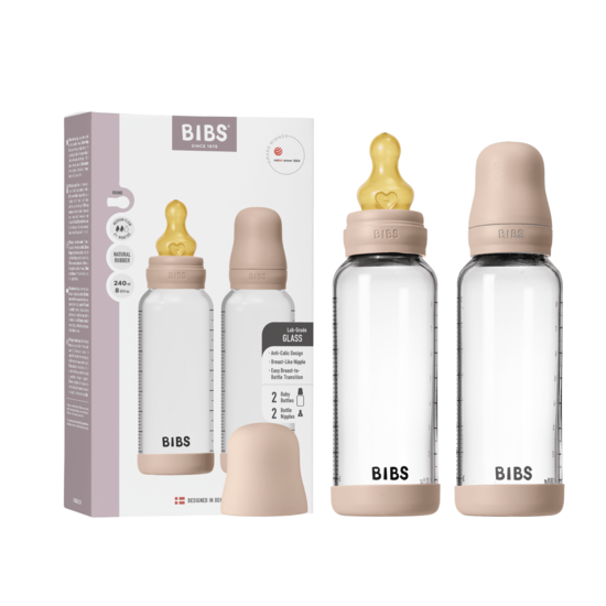 BIBS Glass Baby Bottle Round Latex Medium Flow Blush 240 ml 2-pack
