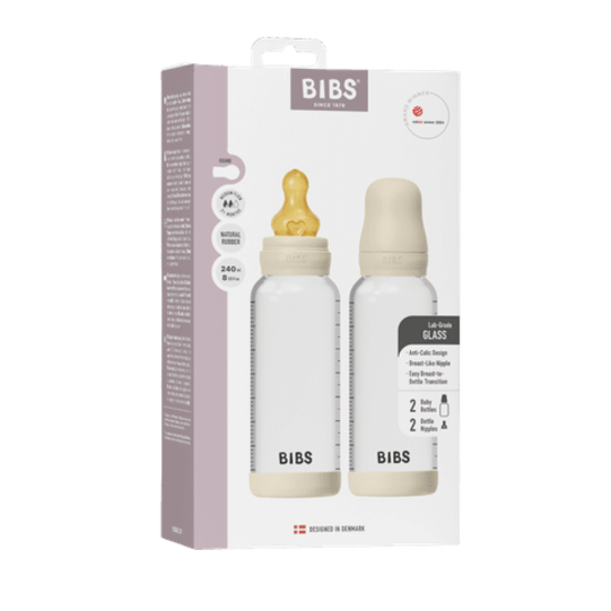 BIBS Glass Baby Bottle Round Latex Medium Flow Ivory 240 ml 2-pack