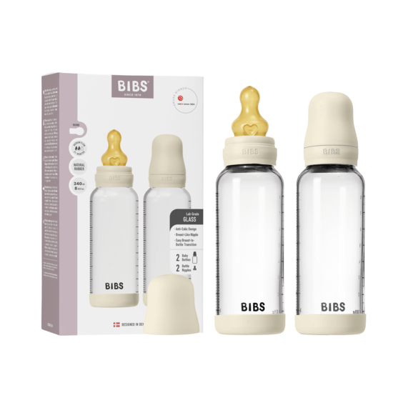 BIBS Glass Baby Bottle Round Latex Medium Flow Ivory 240 ml 2-pack