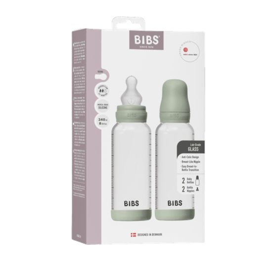 BIBS Glass Baby Bottle Round Silicone Medium Flow Sage 240 ml 2-pack