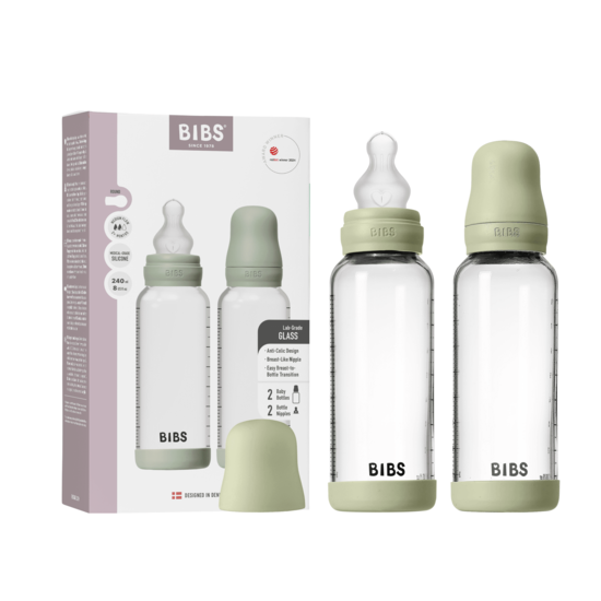 BIBS Glass Baby Bottle Round Silicone Medium Flow Sage 240 ml 2-pack