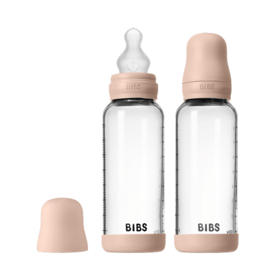 BIBS Glass Baby Bottle Round Silicone Medium Flow Blush 240 ml 2-pack