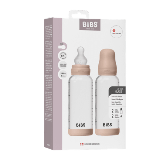 BIBS Glass Baby Bottle Round Silicone Medium Flow Blush 240 ml 2-pack
