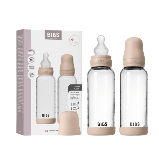 BIBS Glass Baby Bottle Round Silicone Medium Flow Blush 240 ml 2-pack