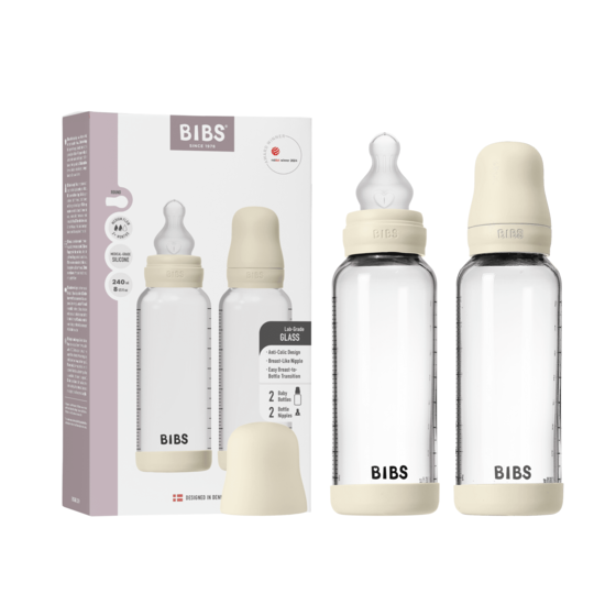 BIBS Glass Baby Bottle Round Silicone Medium Flow Ivory 240 ml 2-pack