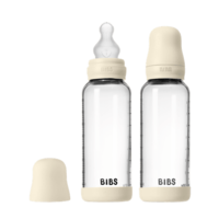 BIBS Glass Baby Bottle Round Silicone Medium Flow Ivory 240 ml 2-pack