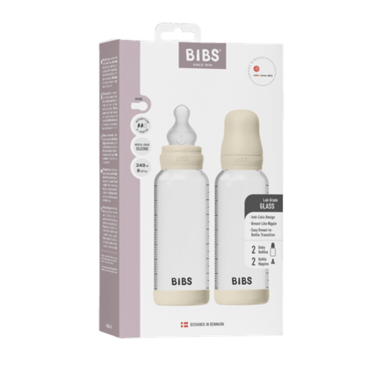BIBS Glass Baby Bottle Round Silicone Medium Flow Ivory 240 ml 2-pack