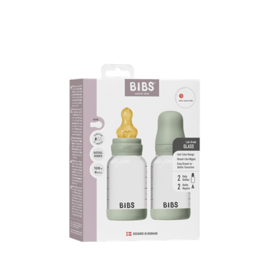 BIBS Glass Baby Bottle Round Latex Slow Flow Sage 120 ml 2-pack