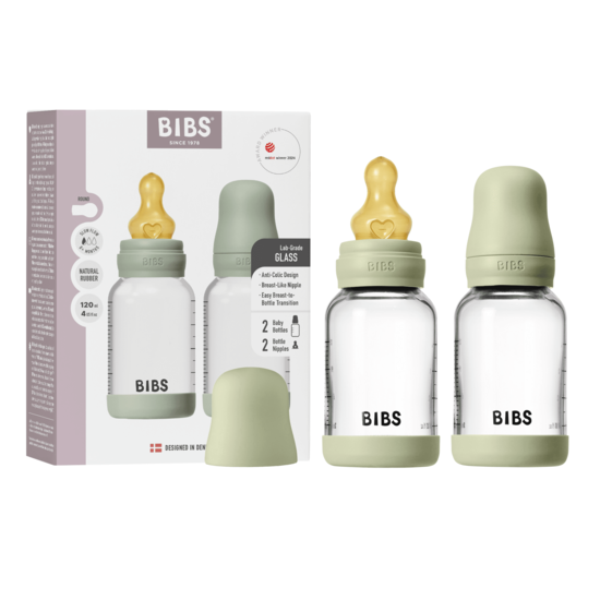 BIBS Glass Baby Bottle Round Latex Slow Flow Sage 120 ml 2-pack