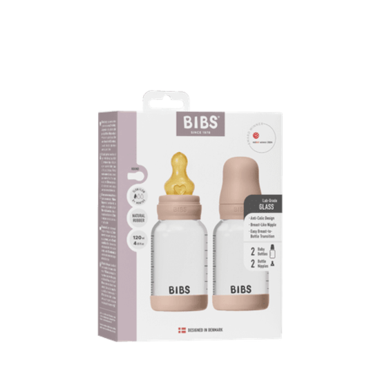 BIBS Glass Baby Bottle Round Latex Slow Flow Blush 120 ml 2-pack