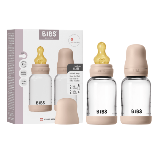 BIBS Glass Baby Bottle Round Latex Slow Flow Blush 120 ml 2-pack