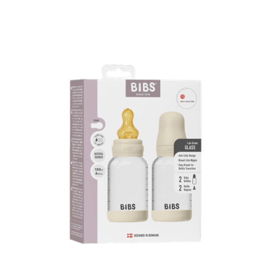 BIBS Glass Baby Bottle Round Latex Slow Flow Ivory 120 ml 2-pack