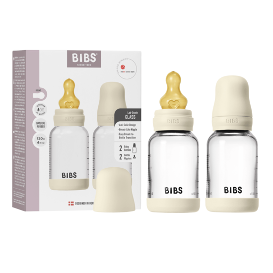 BIBS Glass Baby Bottle Round Latex Slow Flow Ivory 120 ml 2-pack