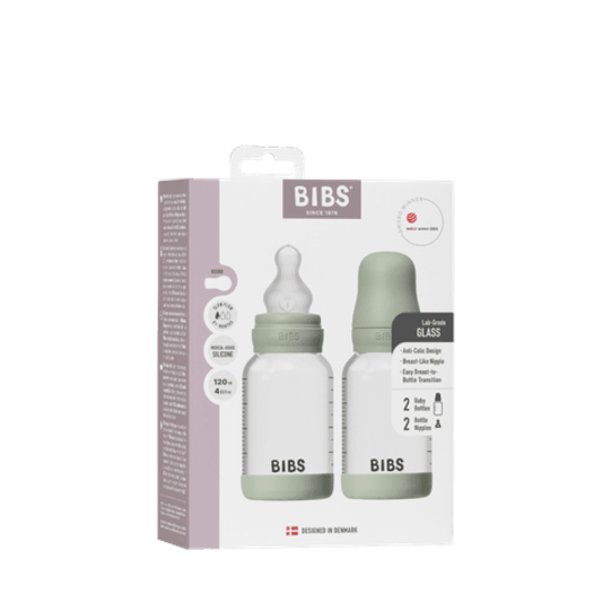 BIBS Glass Baby Bottle Round Silicone Slow Flow Sage 120 ml 2-pack