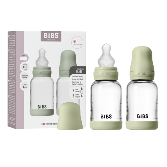 BIBS Glass Baby Bottle Round Silicone Slow Flow Sage 120 ml 2-pack