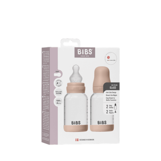 BIBS Glass Baby Bottle Round Silicone Slow Flow Blush 120 ml 2-pack