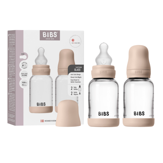 BIBS Glass Baby Bottle Round Silicone Slow Flow Blush 120 ml 2-pack