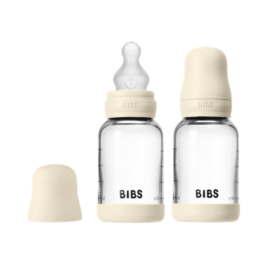 BIBS Glass Baby Bottle Round Silicone Slow Flow Ivory 120 ml 2-pack