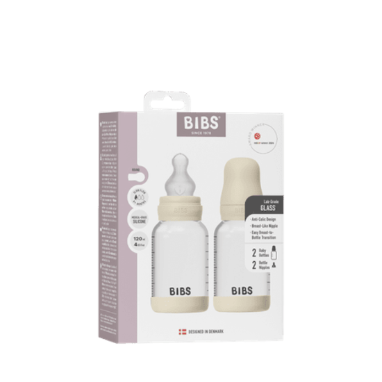 BIBS Glass Baby Bottle Round Silicone Slow Flow Ivory 120 ml 2-pack