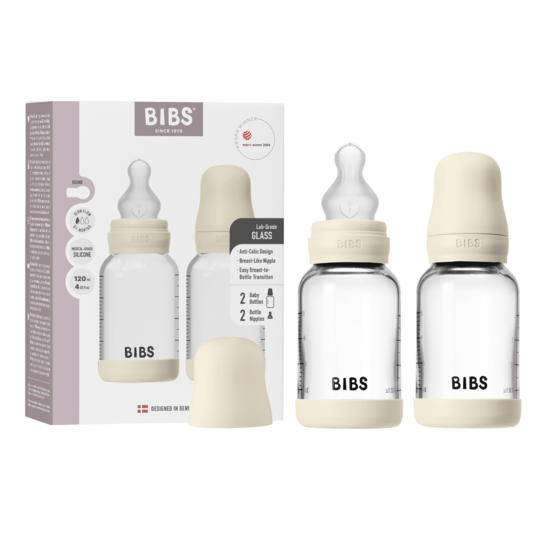 BIBS Glass Baby Bottle Round Silicone Slow Flow Ivory 120 ml 2-pack