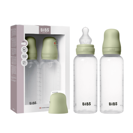 BIBS Baby Bottle Round Silicone Medium Flow Sage 270 ml 2-pack