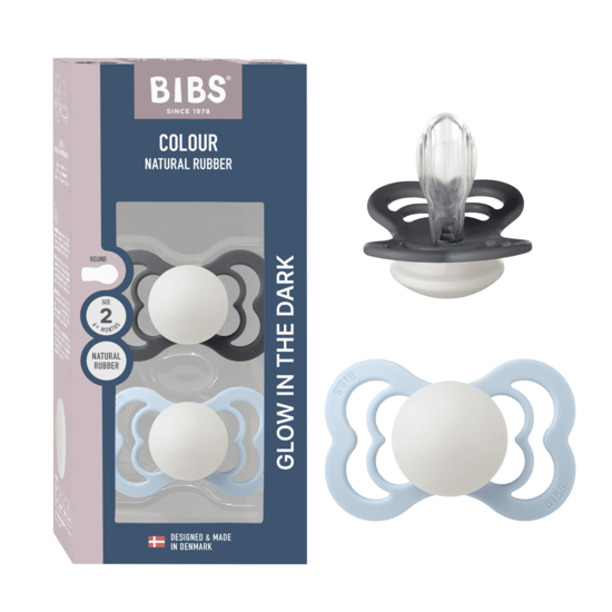 BIBS Supreme Silicone Size 2 Iron Glow/Baby Blue Glow 2-pack