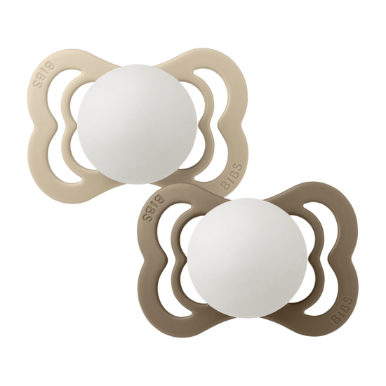 BIBS Supreme Silicone Size 1 Vanilla Glow/Dark Oak Glow 2-pack