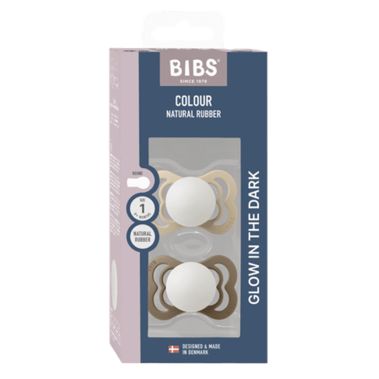 BIBS Supreme Silicone Size 1 Vanilla Glow/Dark Oak Glow 2-pack