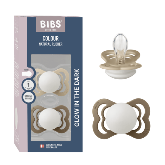 BIBS Supreme Silicone Size 1 Vanilla Glow/Dark Oak Glow 2-pack
