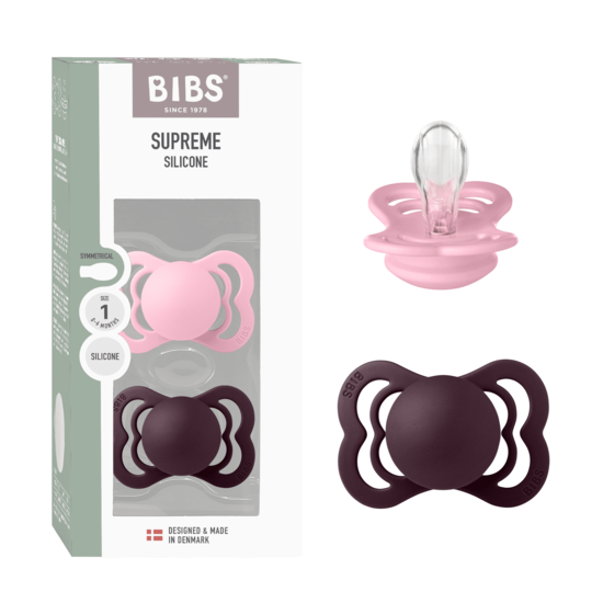 BIBS Supreme Silicone Size 1 Baby Pink/Plum 2-pack