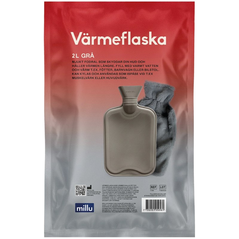 Millu Värmeflaska med Fleece Grå 2 liter