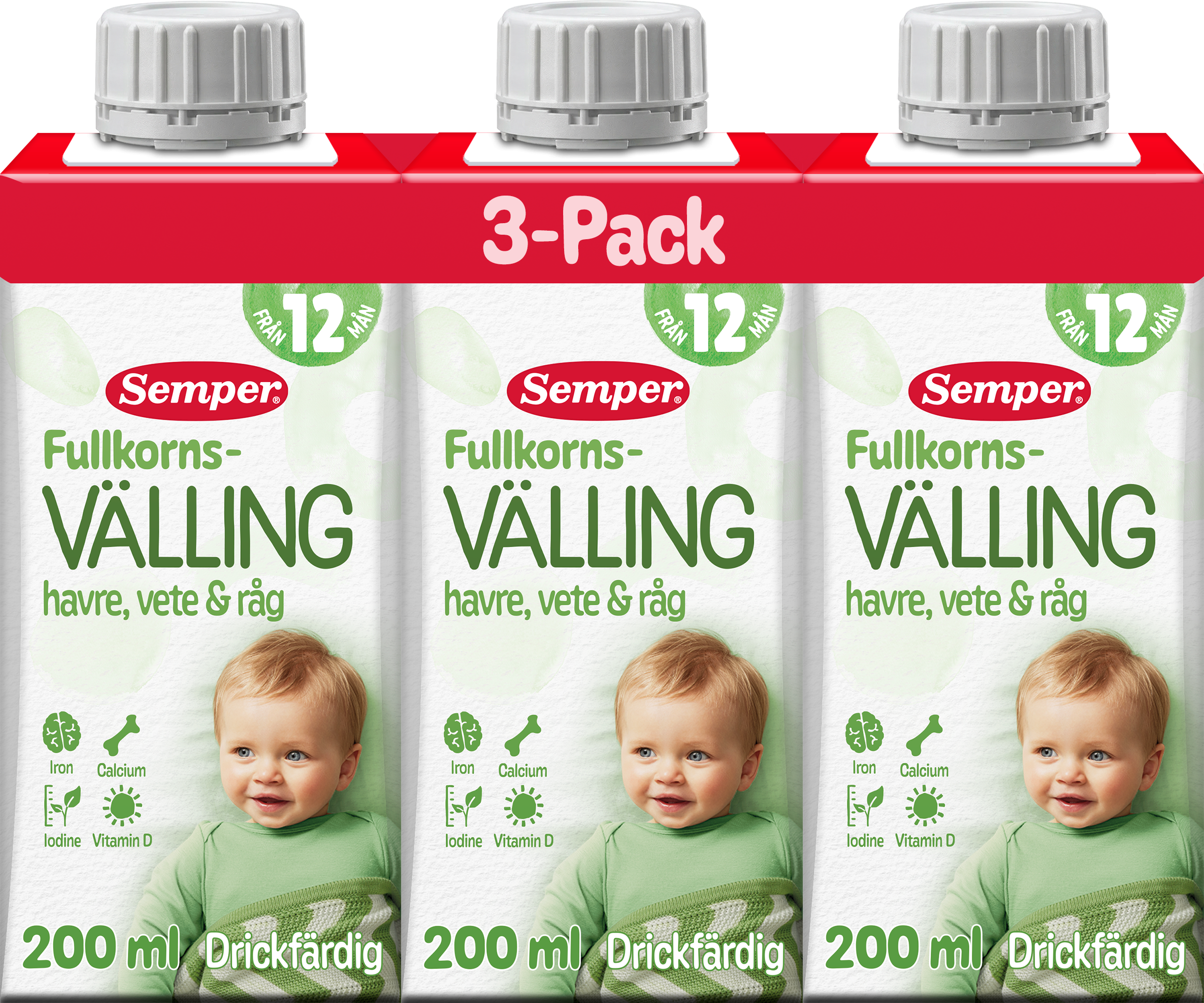 Semper Drickfärdig Fullkornsvälling Havre, Vete & Råg 12 mån 3 x 200 ml