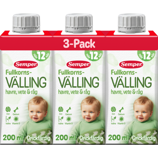Semper Drickfärdig Fullkornsvälling Havre, Vete & Råg 12 mån 3 x 200 ml