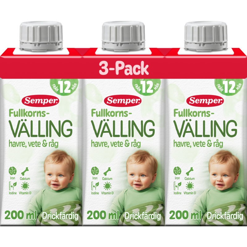 Semper Drickfärdig Fullkornsvälling Havre, Vete & Råg 12 mån 3 x 200 ml