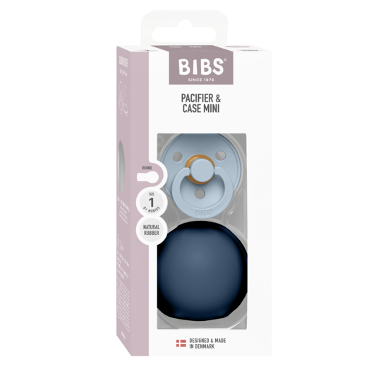BIBS Colour Pacifier Round Latex Size 1 Baby Blue & Pacifier Case Mini Steel Blue