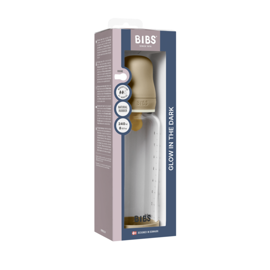 BIBS Glass Baby Bottle Round Latex Medium Flow Vanilla GLOW 240 ml