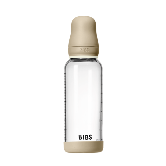 BIBS Glass Baby Bottle Round Silicone Medium Flow Vanilla GLOW 240 ml