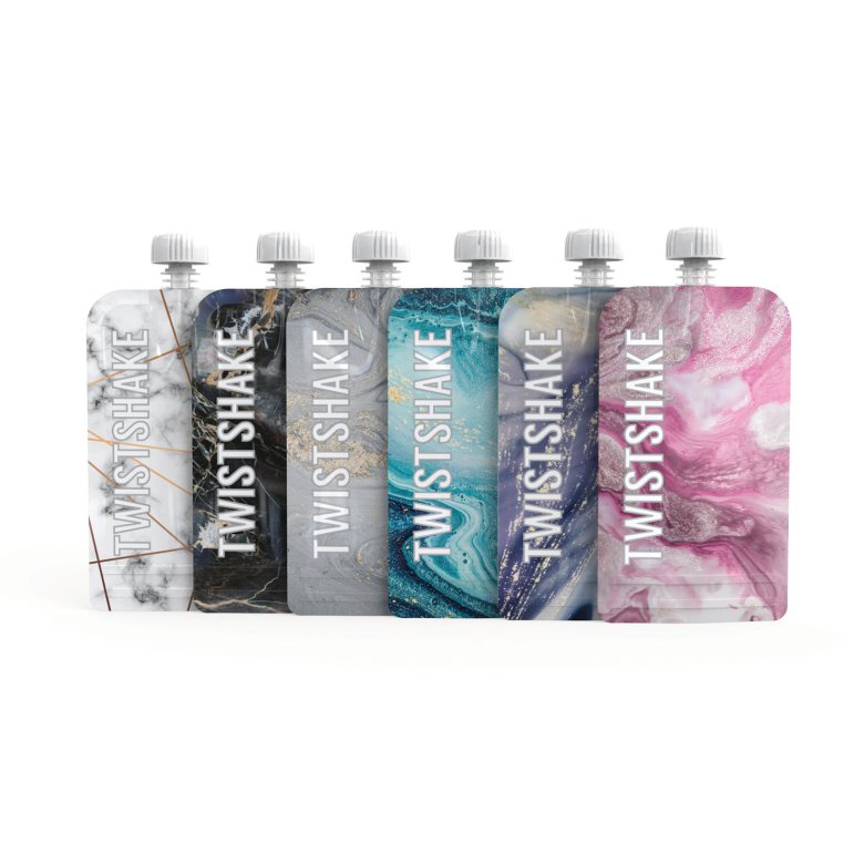 Twistshake 6x Squeeze Bag 220 ml Marble Pink Purple Blue Grey White Black