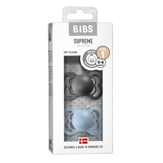 BIBS Supreme Silicone Size 1 Iron/Baby Blue 2-pack