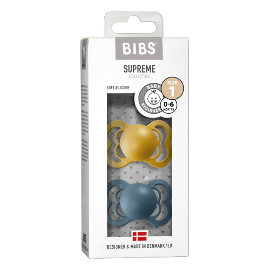 BIBS Supreme Nappar Silicone Mustard/Petrol strl. 1 (0-6 månader) 2-pack