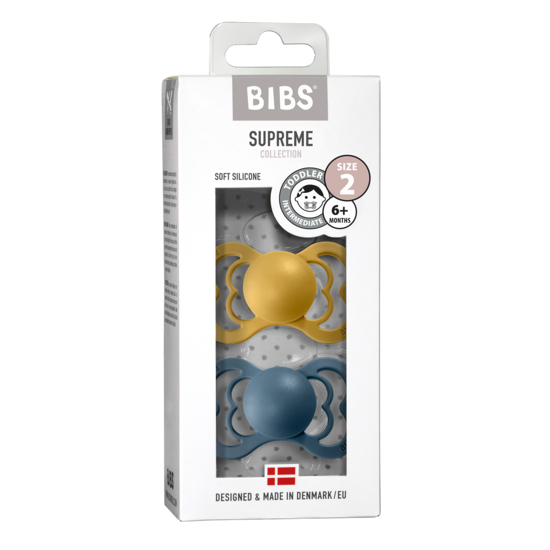 BIBS Supreme Nappar Silicone Mustard/Petrol strl. 2 (6-18 månader) 2-pack