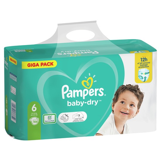 Pampers Baby-Dry Storlek 6, 106 Blöjor, 13-18kg