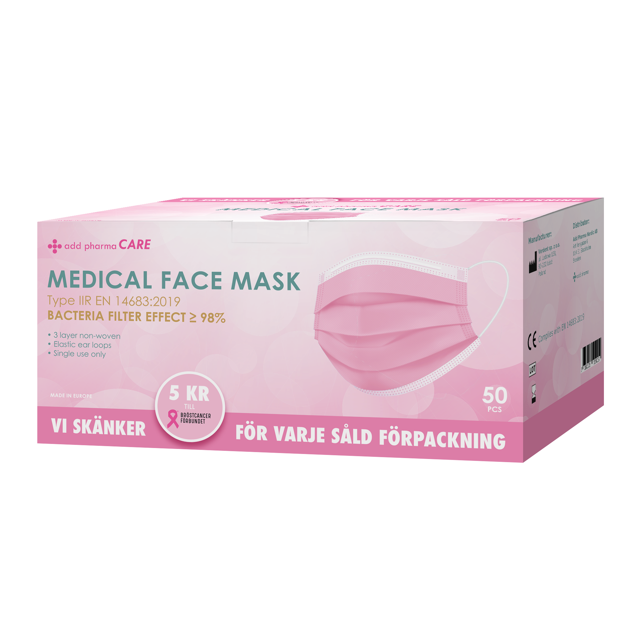 Add Pharma CARE Typ IIR Rosa Munskydd 50-pack
