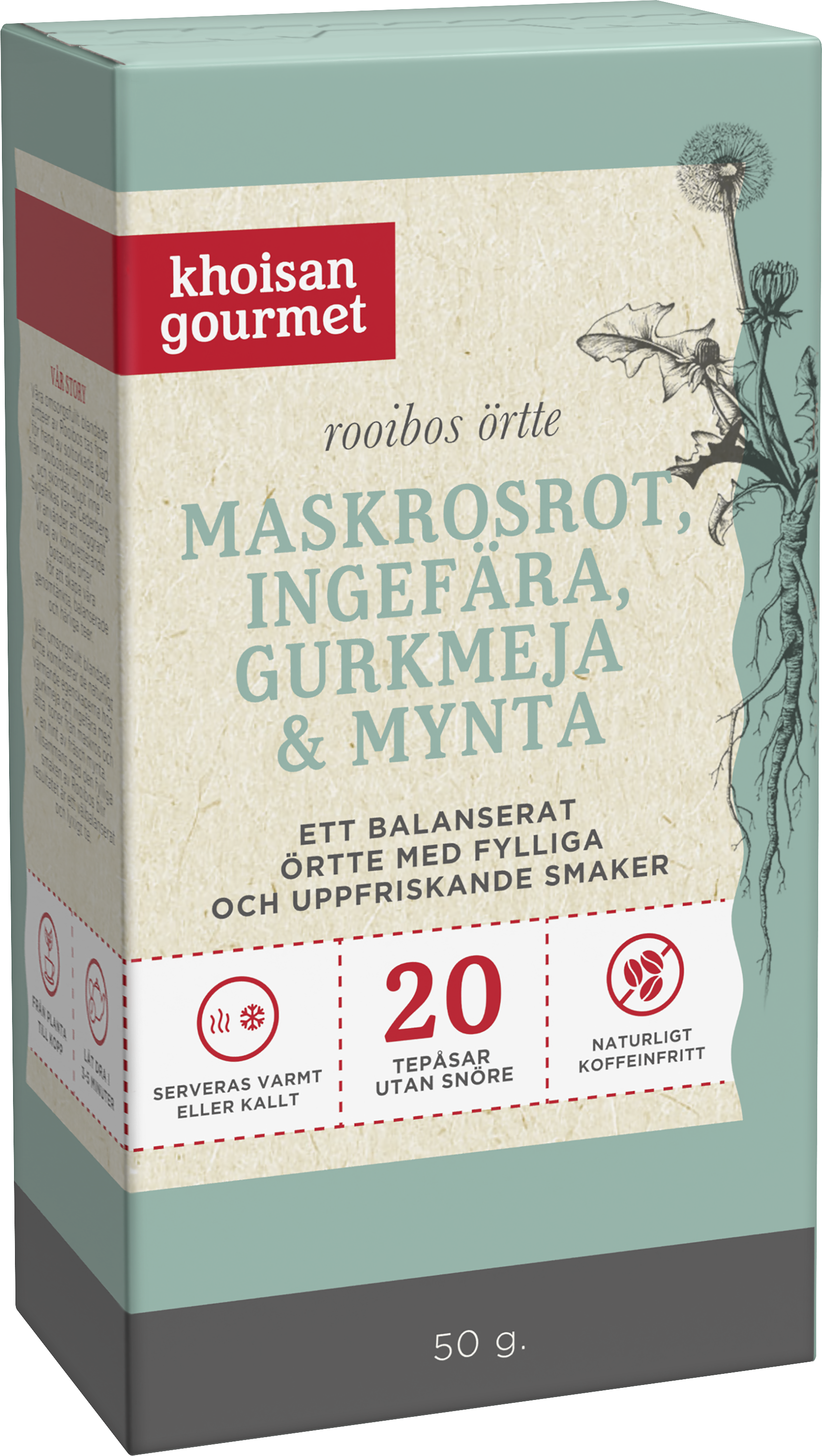 Khoisan Gourmet Rooibos örtte Maskrosrot, Ingefära, Gurkmeja och Mynta 50 g