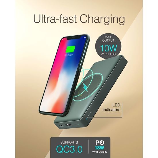 GP batteries PowerBank med trådlös laddning 10000mAh / 10W Qi Grå